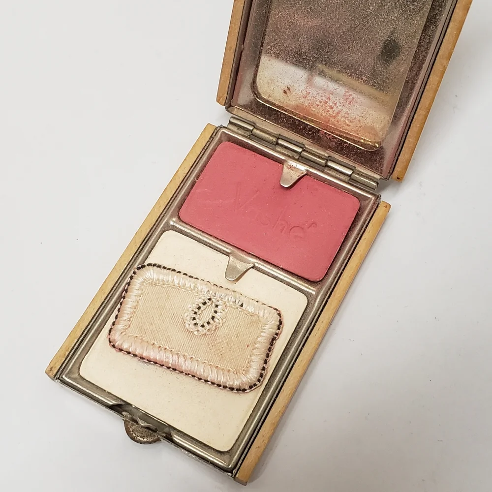 Vintage John Vashe Pilcher Rouge Combo Mirror Compact Light/Dark Wooden Case